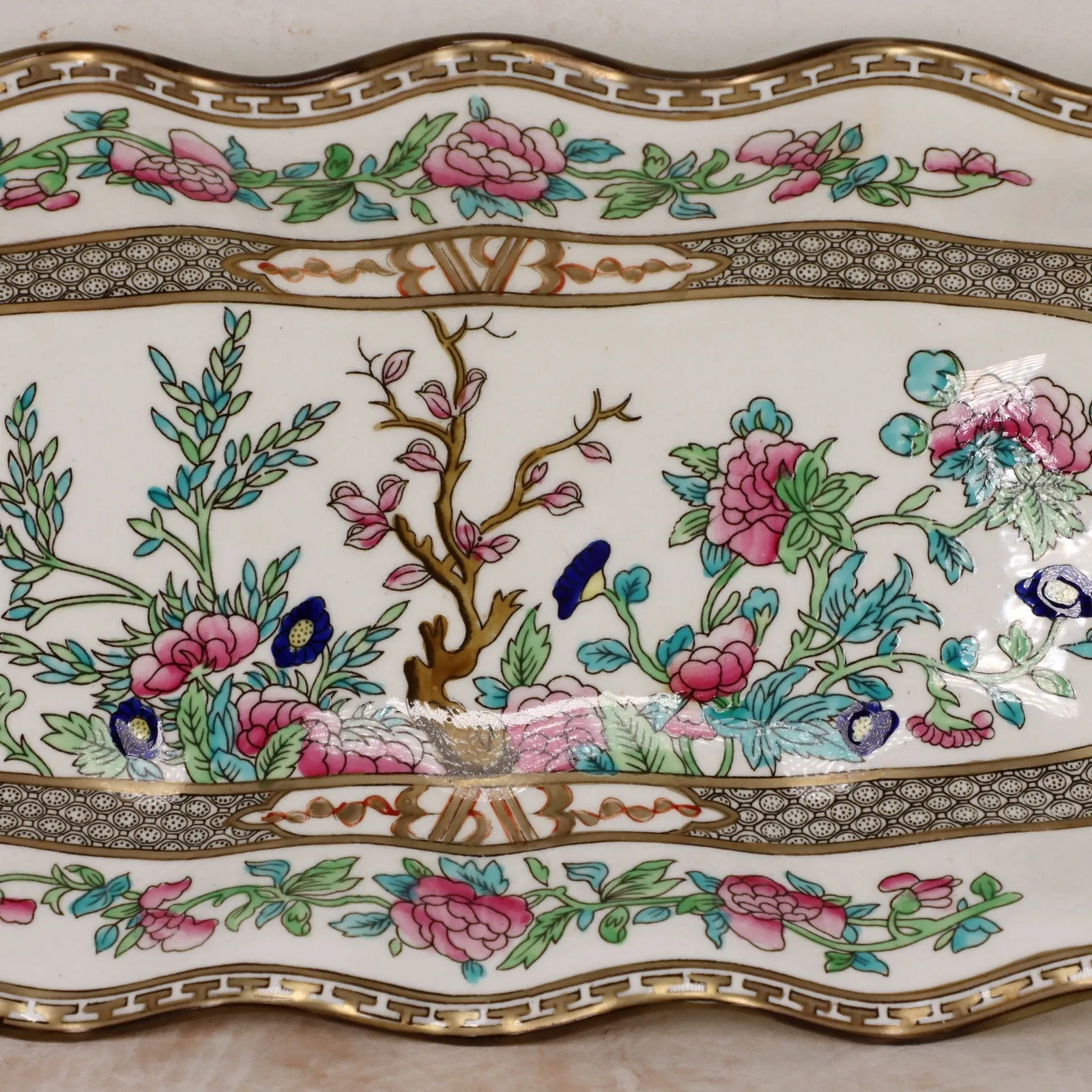Coalport Indian Tree 12" Celery Dish Ruffled Edge Green Mark England Antique