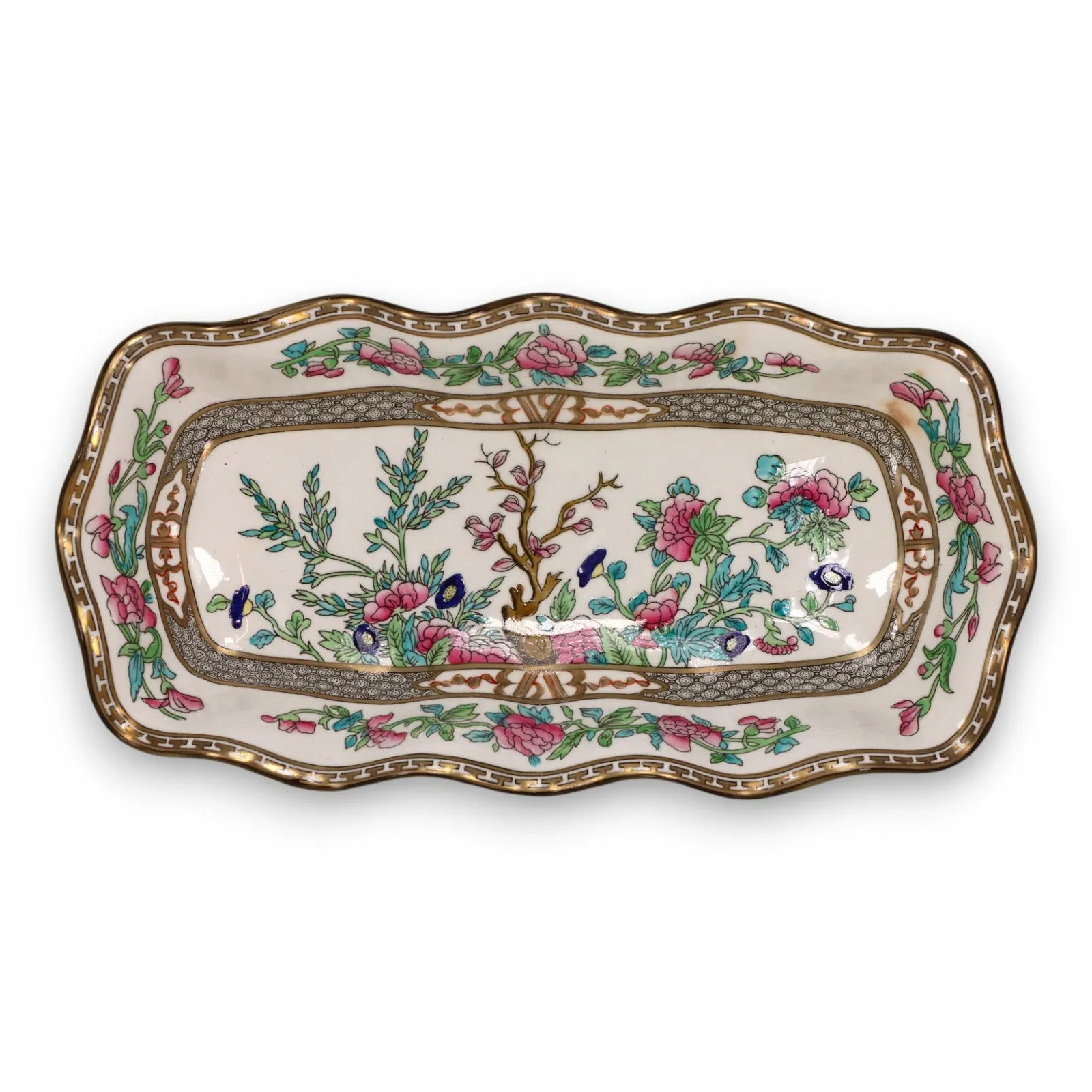 Coalport Indian Tree 12" Celery Dish Ruffled Edge Green Mark England Antique